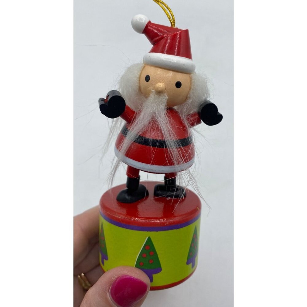 Handcrafted Wooden Santa Claus Ornament Long Beard Spring Base Christmas Decor